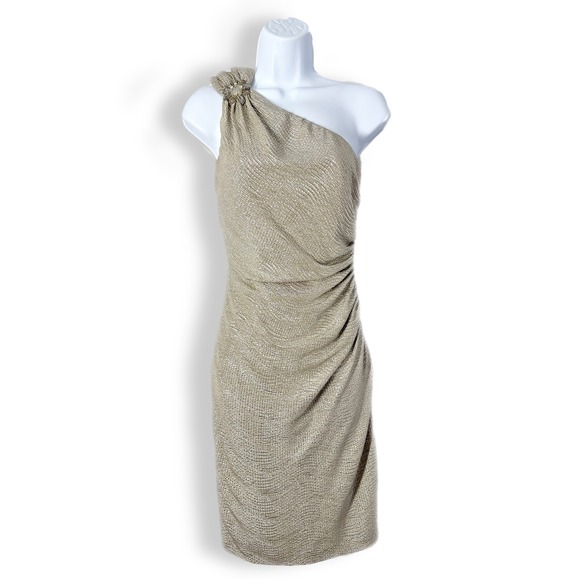 David Meister Dresses & Skirts - David Meister Gold Metallic One Shoulder Dress Beaded Flower Women's Size 2